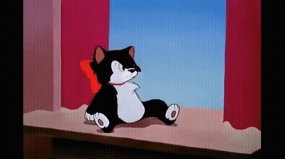 A Black And White Cartoon Cat Is Sitting On A Window Sill Looking Out The Window . GIF