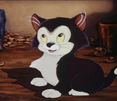 A Black And White Cartoon Cat Is Sitting On A Wooden Table . GIF