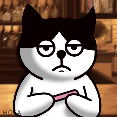 A Black And White Cartoon Cat With The Word Moca On The Bottom Left GIF