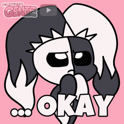 A Black And White Cartoon Character With The Word Okay In White Letters GIF