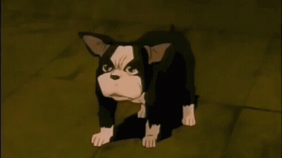 A Black And White Cartoon Dog Is Standing On A Rock . GIF
