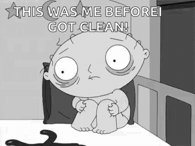 A Black And White Cartoon Of A Baby Sitting On A Bed With The Caption `` This Was Me Before I Got Clean ! '' GIF