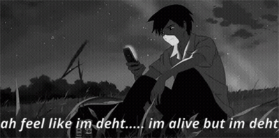 A Black And White Cartoon Of A Boy Sitting In The Grass Looking At His Cell Phone . GIF