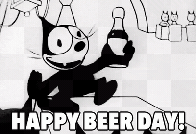 A Black And White Cartoon Of A Cat Holding A Bottle Of Beer And The Words `` Happy Beer Day '' . GIF