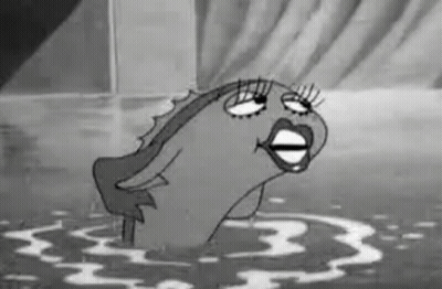 A Black And White Cartoon Of A Fish With A Woman 'S Face Is Swimming In The Water . GIF