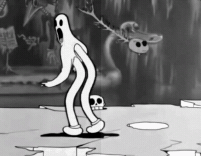 A Black And White Cartoon Of A Ghost Standing In Front Of A Skull GIF