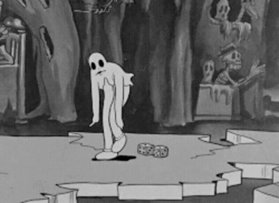 A Black And White Cartoon Of A Ghost Standing On A Ledge GIF
