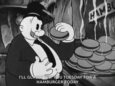 A Black And White Cartoon Of A Man Eating A Hamburger And Saying I 'Ll Gladly Pay You Tuesday GIF