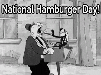 A Black And White Cartoon Of A Man Eating A Hamburger With A Monkey Sitting On A Lamp Post . GIF