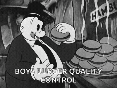 A Black And White Cartoon Of A Man Eating A Hamburger With The Caption `` Boys Burger Quality Control '' . GIF