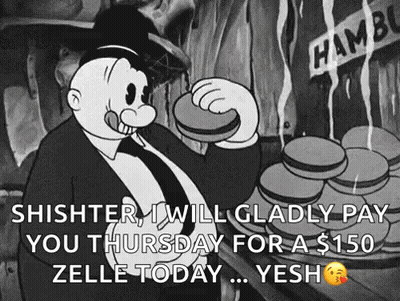A Black And White Cartoon Of A Man Eating A Hamburger With The Caption Shishter GIF