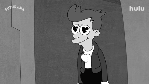 A Black And White Cartoon Of A Man Holding A Heart With The Words Futurama On The Bottom GIF