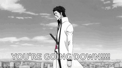 A Black And White Cartoon Of A Man Holding A Sword And Saying `` You 'Re Going Down ! '' GIF