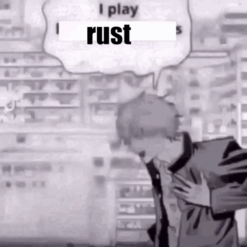 A Black And White Cartoon Of A Man Holding His Chest With A Speech Bubble That Says `` I Play Rust '' . GIF