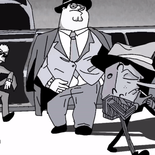 A Black And White Cartoon Of A Man In A Suit And Tie Standing Next To Another Man GIF