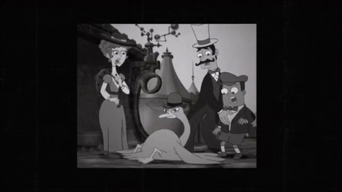 A Black And White Cartoon Of A Man In A Top Hat Standing Next To A Duck GIF