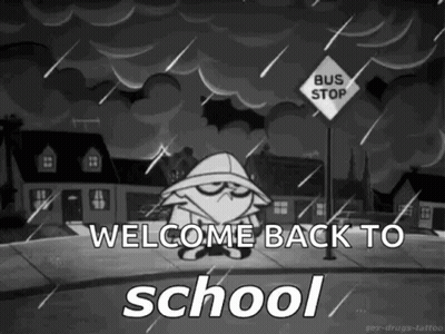 A Black And White Cartoon Of A Man Standing At A Bus Stop . GIF