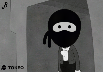 A Black And White Cartoon Of A Ninja With A Tokeo Logo Behind Him GIF