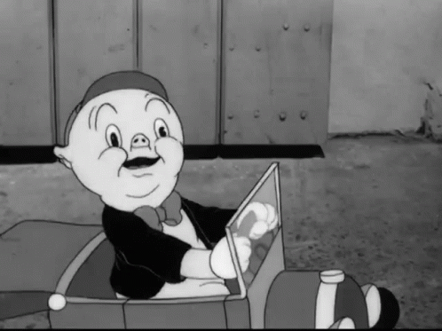 A Black And White Cartoon Of A Pig In A Car GIF