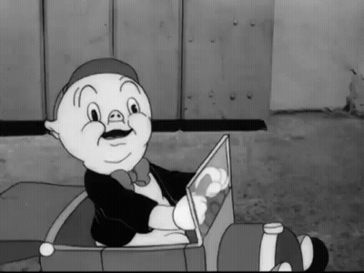 A Black And White Cartoon Of A Pig In A Suit Driving A Car GIF