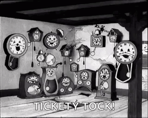A Black And White Cartoon Of A Room Filled With Clocks And The Words `` Tickety Tock ! '' GIF