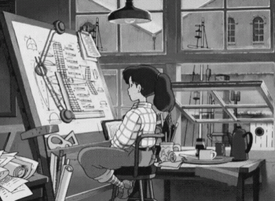 A Black And White Cartoon Of A Woman Sitting At A Desk Looking At A Drawing On A Board . GIF