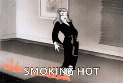 A Black And White Cartoon Of A Woman Standing On A Burning Carpet . GIF