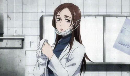 A Black And White Cartoon Of A Woman Wearing A Mask And A Lab Coat . GIF