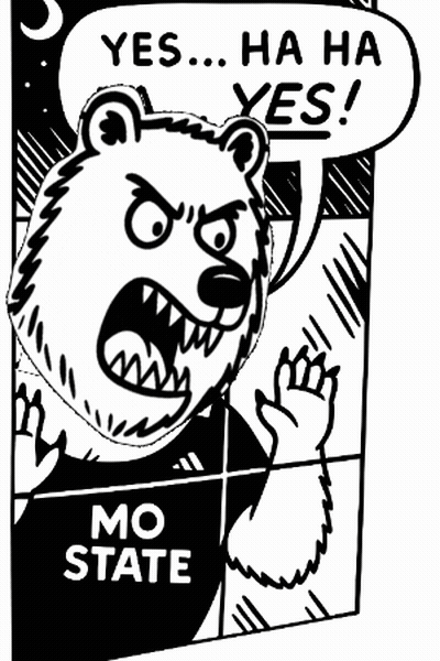 a black and white cartoon of an angry bear with a speech bubble that says yes ha ha yes !