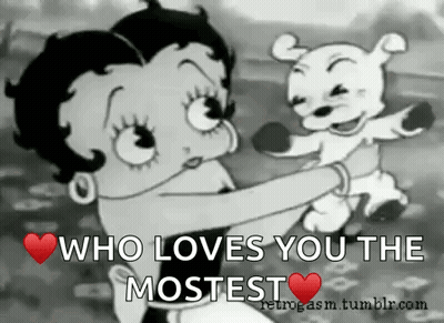 A Black And White Cartoon Of Betty Boop Hugging A Puppy GIF