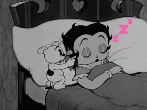 A Black And White Cartoon Of Betty Boop Sleeping With A Dog GIF