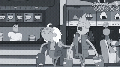 A Black And White Cartoon Of Bravest Warriors In A Food Court GIF