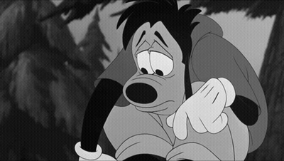 A Black And White Cartoon Of Goofy With A Sad Expression On His Face GIF