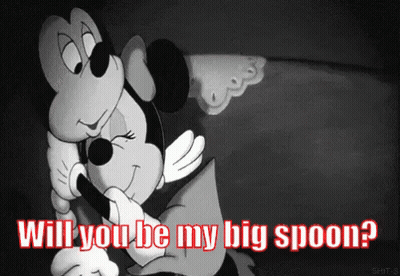 A Black And White Cartoon Of Mickey Mouse And Minnie Mouse Hugging With The Words Will You Be My Big Spoon GIF