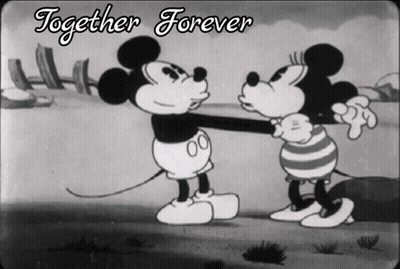 A Black And White Cartoon Of Mickey Mouse And Minnie Mouse With The Words Together Forever Above Them GIF