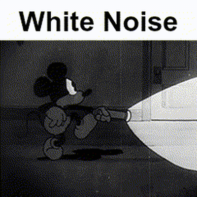 A Black And White Cartoon Of Mickey Mouse Holding A Flashlight With The Words White Noise Above Him . GIF