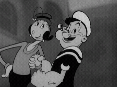 A Black And White Cartoon Of Popeye And A Woman Standing Next To Each Other GIF