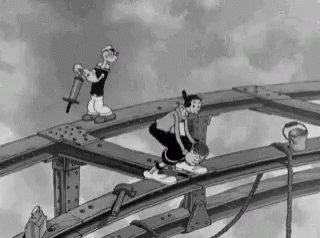 A Black And White Cartoon Of Popeye And Oliver Standing On A Bridge . GIF