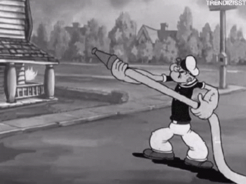 A Black And White Cartoon Of Popeye Holding A Large Fire Hose GIF