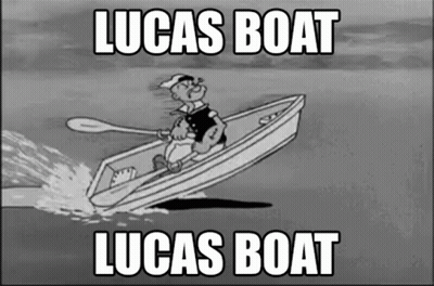 A Black And White Cartoon Of Popeye In A Boat With The Caption " Lucas Boat Lucas Boat " GIF
