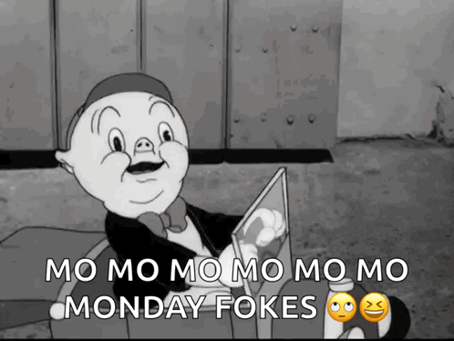 A Black And White Cartoon Of Porky Pig Holding A Book That Says Monday Fokes GIF