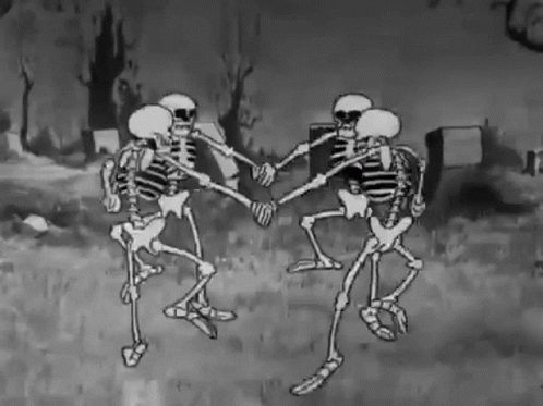A Black And White Cartoon Of Skeletons Dancing In A Cemetery . GIF