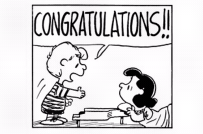 A Black And White Cartoon Of Snoopy And Lucy Holding A Trophy And Saying Here 'S Your Trophy GIF