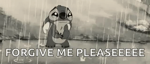 A Black And White Cartoon Of Stitch Crying In The Rain With The Words `` Forgive Me Pleaseeee '' . GIF