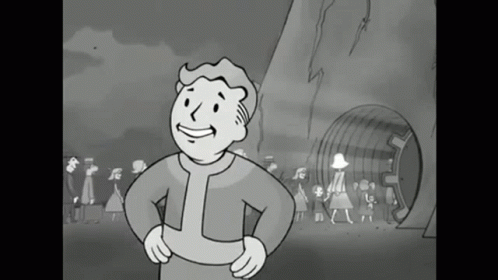 A Black And White Cartoon Of Vault Boy Standing In Front Of A Group Of People GIF