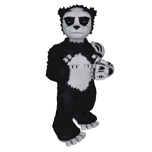 A Black And White Cartoon Panda Bear Holding A Robotic Arm Sticker