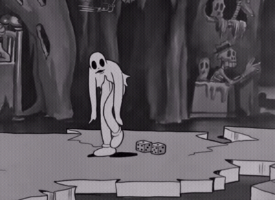 A Black And White Cartoon Shows A Ghost Standing Next To Two Dice GIF