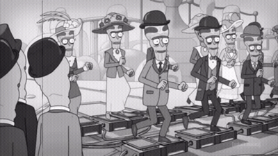 A Black And White Cartoon Shows A Group Of Skeletons In Suits And Hats Dancing GIF