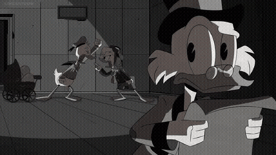 A Black And White Cartoon Shows Donald Duck And Uncle Scrooge GIF