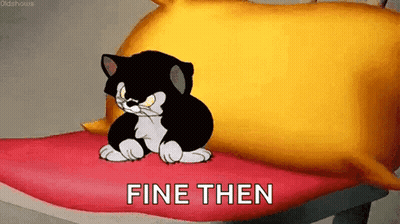A Black And White Cat Is Sitting On A Pillow With The Words `` Fine Then '' Written Below It . GIF
